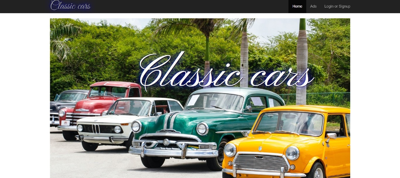 a classic car website with an image of cars parked in a row
