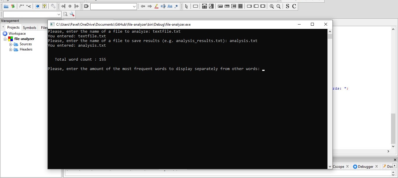 a C++ program to analyse text file for number of words