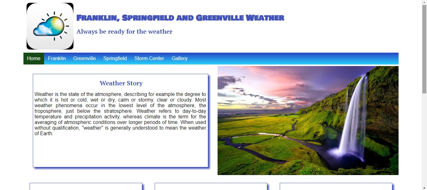 a weather website with an image of a waterfall